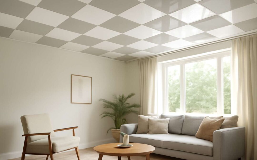 Bold Upcycled Look: vinyl floor tiles on ceiling redefine small spaces.