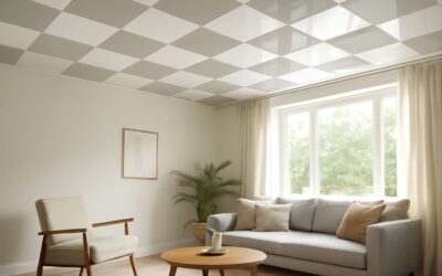 Bold Upcycled Look: vinyl floor tiles on ceiling redefine small spaces.